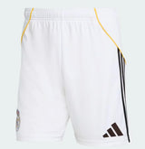 White shorts with black Adidas logo on a white background