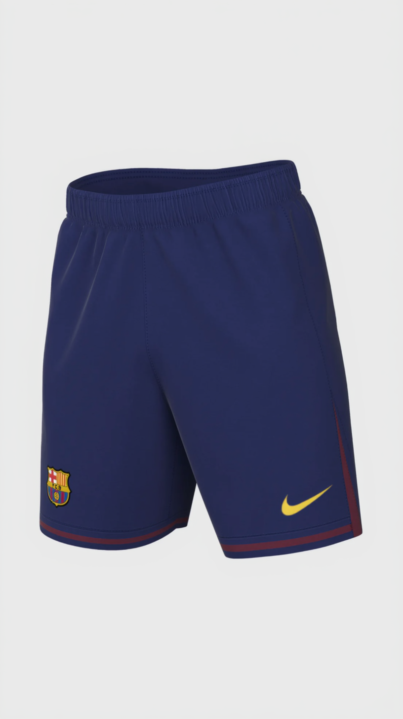 Blue shorts with Nike logo and Barcelona club emblem on a white background