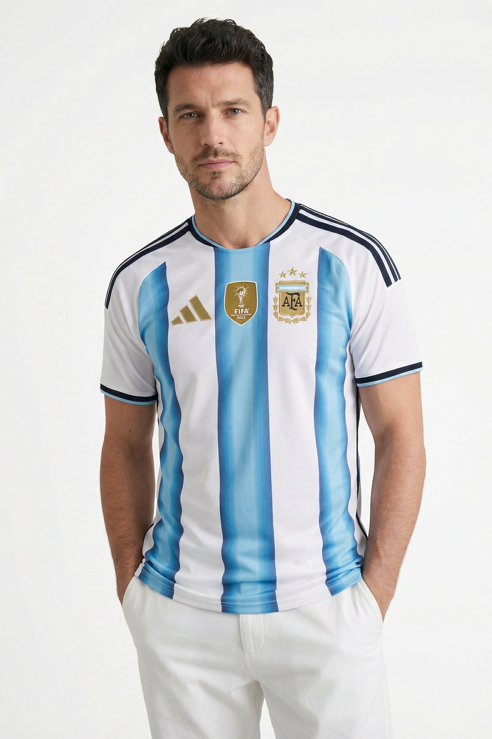 Person wearing an Argentina soccer jersey with Adidas logo on a white background
