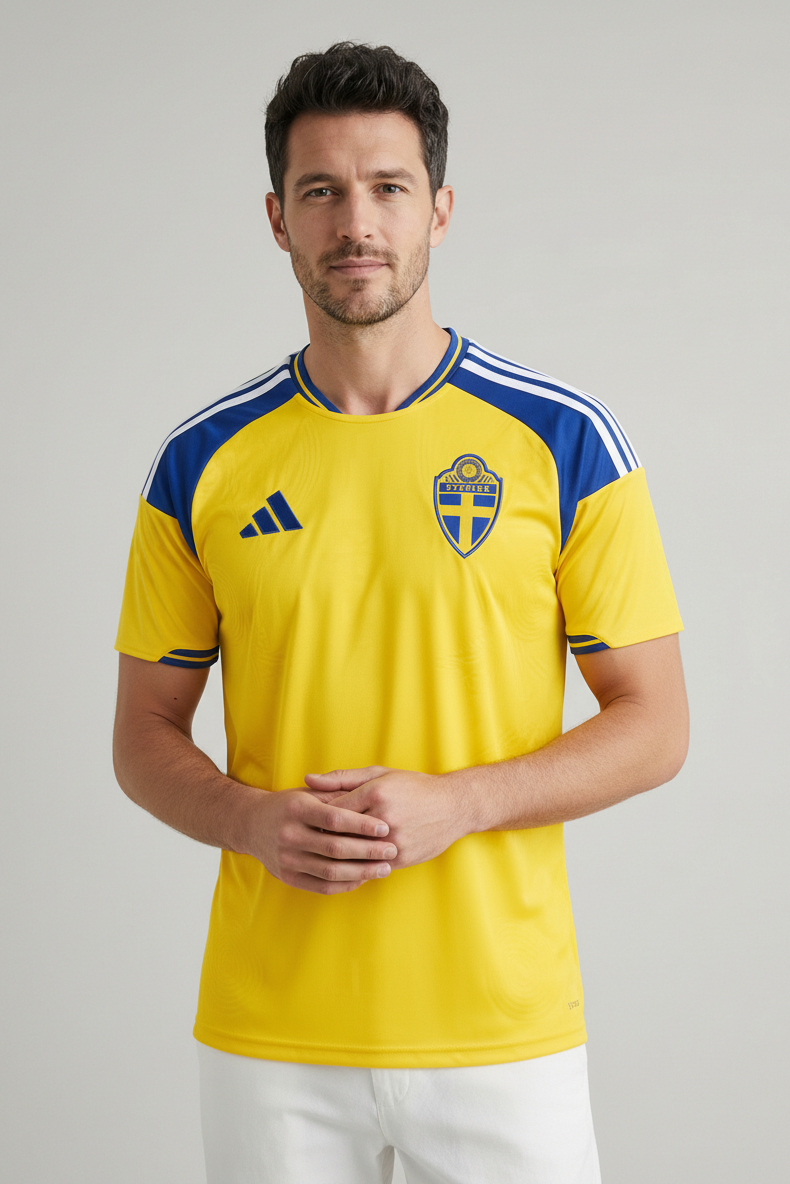 Man wearing a yellow sports jersey with blue accents and an Adidas logo on a gray background