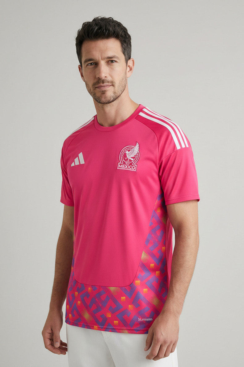 Man wearing a pink sports jersey with Adidas logo on a gray background